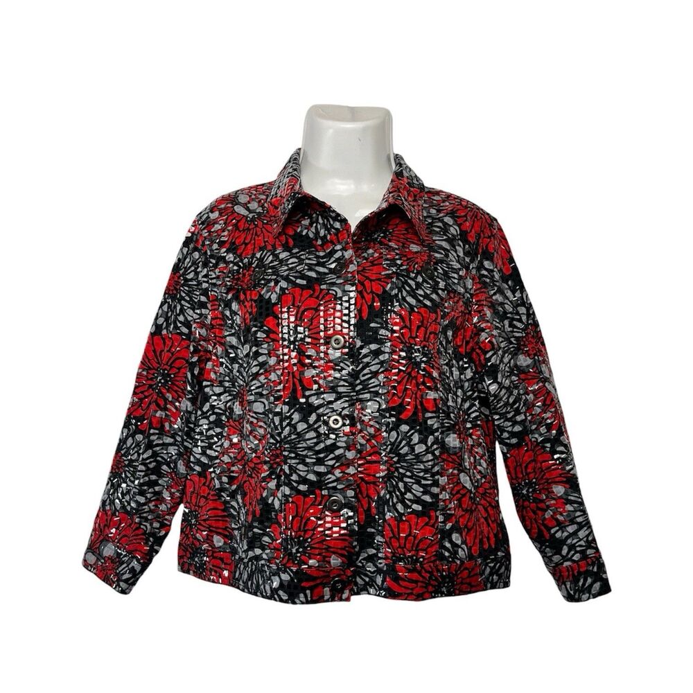 Ruby Rd Petite Jacket 14P Red Black Floral Abstract Artsy Shacket Shiny Boho Vtg